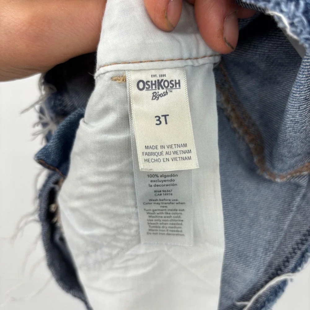 OshKosh B'gosh Denim Overall Dress Kids 3T Blue Distressed Hickory Stripe Jumper